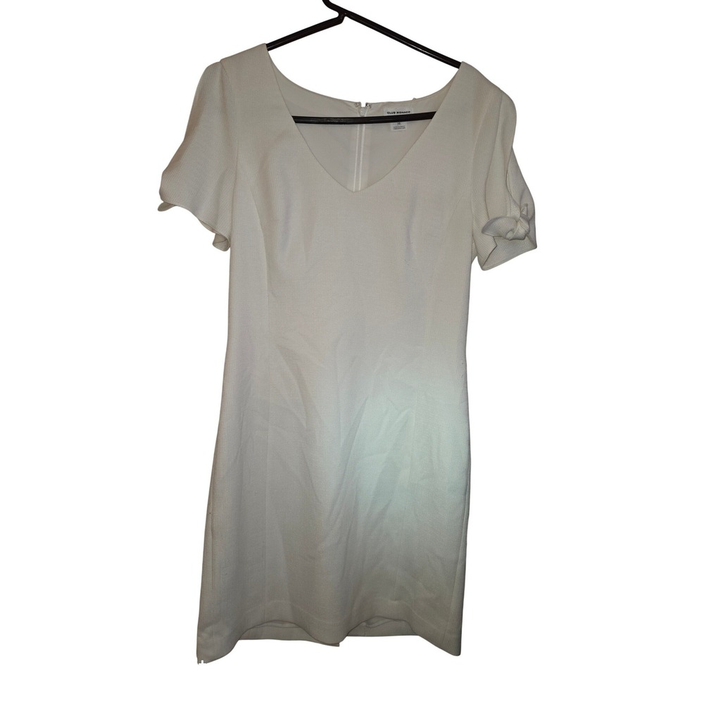 Club Monaco White Textured Pique Shift Dress Short Sleeve Tie Detail V-Neck